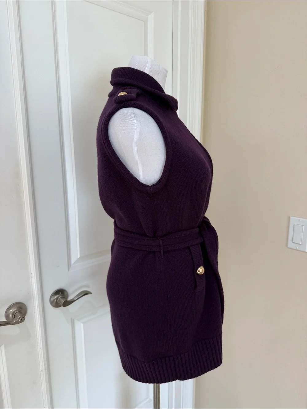 Tory Burch Purple Belted Zip Front 100% Merino Wool Sweater Vest Cardigan Large